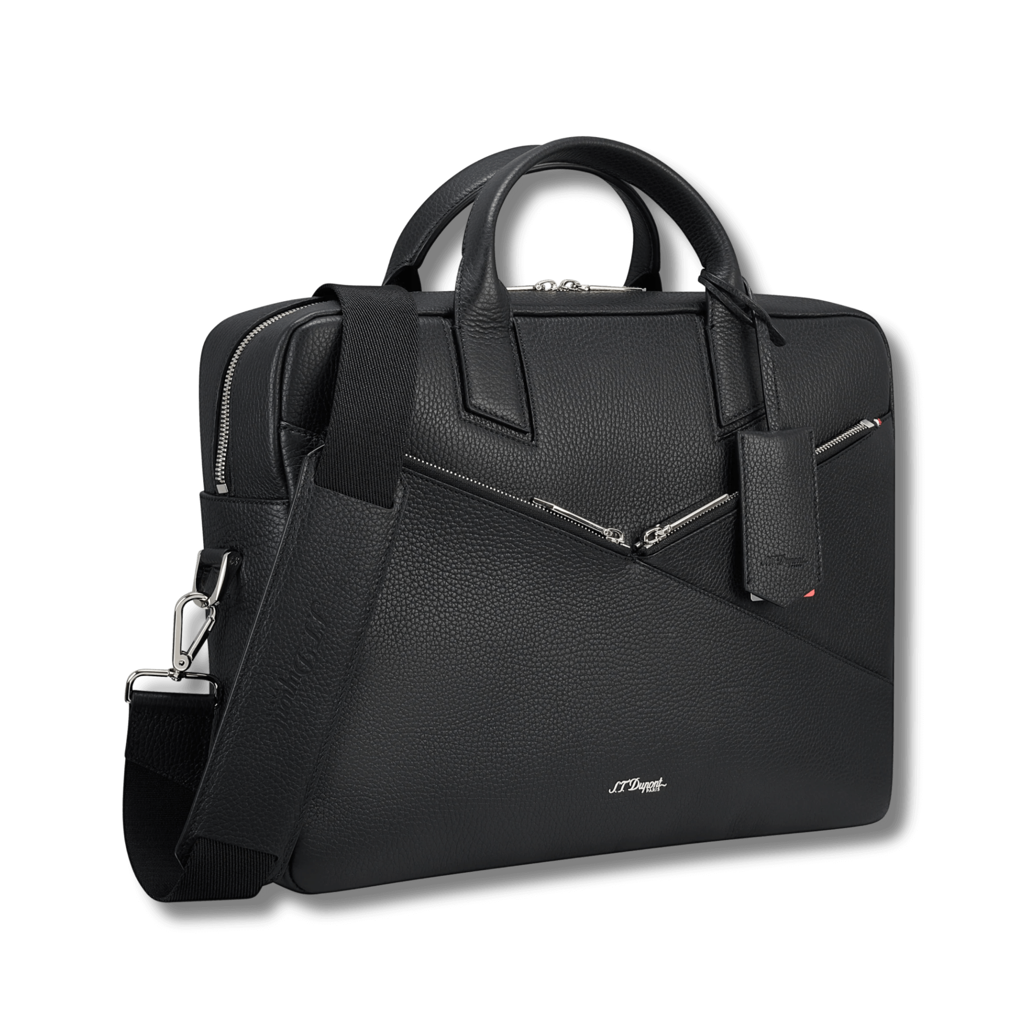 Black leather briefcase with shoulder strap on a black background