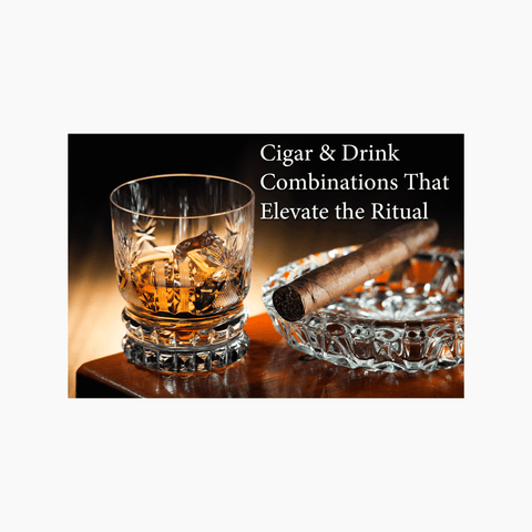 Flat lay of whisky glass and full-bodied cigar on dark wooden table