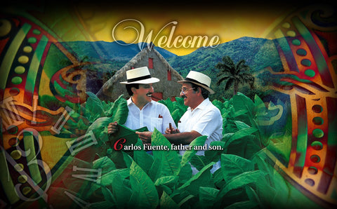 Two men in a tobacco field with decorative elements and 'Welcome' text.