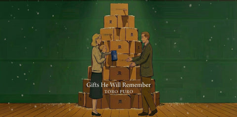 Illustration of a man and woman standing next to a pyramid of gift boxes with 'Gifts He Will Remember' text and 'TORO PURO' branding.