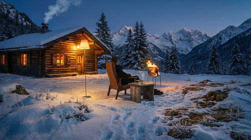 Log cabin in a snowy mountain landscape with a person sitting by a fire.