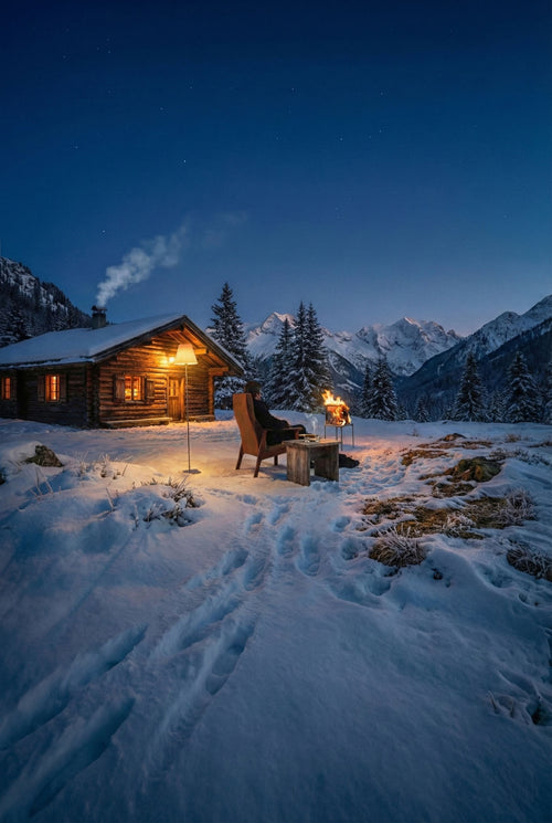 Wooden cabin in a snowy mountain landscape at night with warm lighting.