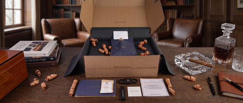 An open presentation box on a wooden table in a cigar lounge setting, displaying a dark blue pouch, a cigar, a card, and several wooden cigar tips. The scene includes a cigar ashtray with a lit cigar, a decanter of amber liquid, books, leather chairs, and a warm wood-paneled room in the background.