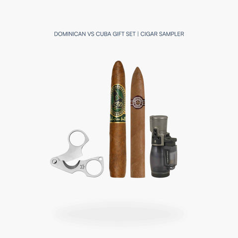 La Flor Dominicana Andalusian Bull and Montecristo No. 2 cigars with Vertigo by Lotus Cyclone Lighter and Fox Fígaro Cutter, from the Dominican vs Cuba Cigar Gift Set - Toro Puro