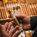 Hands holding three cigars with visible branding in a store setting
