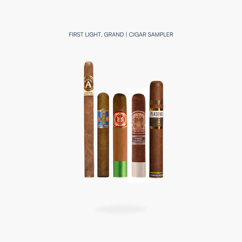 Aladino Vintage Selection Elegante, Foundation Corojo Corona The Wise Man, Arturo Fuente Chateau Fuente, E.P Carrillo Encore Majestic and Plasencia Cosecha 151 La Musica cigars from the First Light, Grand Cigar Sampler - Toro Puro