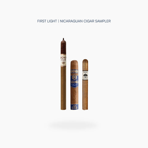 First Light Nicaraguan Cigar Sampler with Joya de Nicaragua Cabinetta Lancero, Foundation Charter Oak Original Petit Corona and Plasencia Alma del Cielo Celeste Robusto cigars - Toro Puro