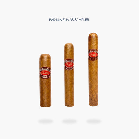 Three Padilla Fumas cigars on a white background with 'Padilla Fumas Sampler' text.
