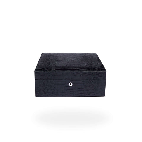 Rapport Brompton black croc-effect leather large humidor closed, with lock detail - Toro Puro