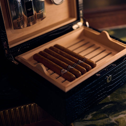 Close-up of cigars laid in the Rapport Brompton large humidor’s cedar tray, warm lounge lighting - Toro Puro