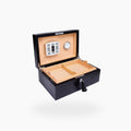 Rapport Brompton black large humidor open, second angle showing the divided tray and lid detail - Toro Puro