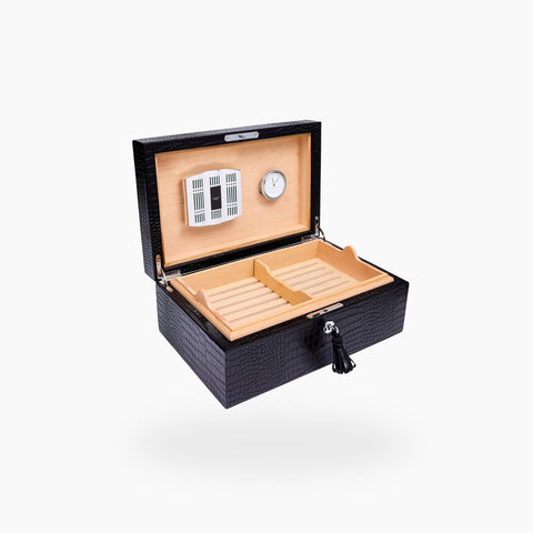 Rapport Brompton black large humidor open, second angle showing the divided tray and lid detail - Toro Puro