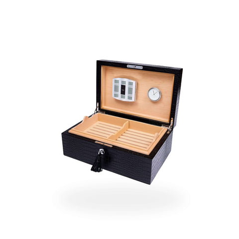 Rapport Brompton black large humidor open at an angle, showing the full cedar-lined interior - Toro Puro