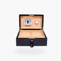 Rapport Brompton black large humidor open, front view, with divided cedar tray, humidifier and hygrometer - Toro Puro