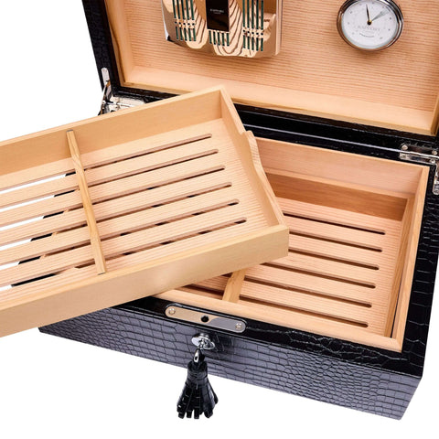 Rapport Brompton large humidor with the divided cedar tray lifted out, showing the lower compartment - Toro Puro