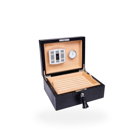 Rapport Brompton black medium humidor open, second angle showing the full cedar tray and lid detail - Toro Puro