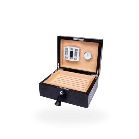 Rapport Brompton black medium humidor open at an angle, cedar-lined interior and cigar tray visible - Toro Puro
