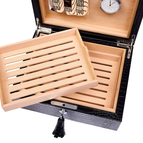 Rapport Brompton medium humidor with the cedar cigar tray lifted out, showing the lower compartment - Toro Puro