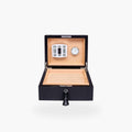 Rapport Brompton black medium humidor open, front view, showing cedar interior with humidifier and hygrometer - Toro Puro