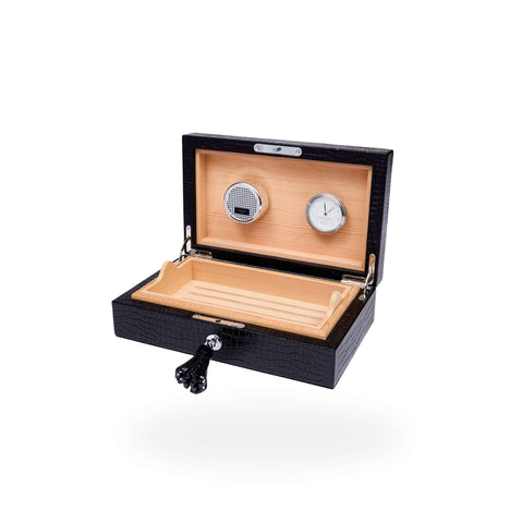Rapport Brompton black humidor open from a second angle, cedar tray and Rapport London hygrometer visible - Toro Puro