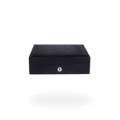 Rapport Brompton black croc-effect leather humidor closed, with lock and key detail - Toro Puro