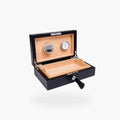 Rapport Brompton black croc-effect leather humidor open, showing cedar-lined interior with hygrometer and humidifier - Toro Puro