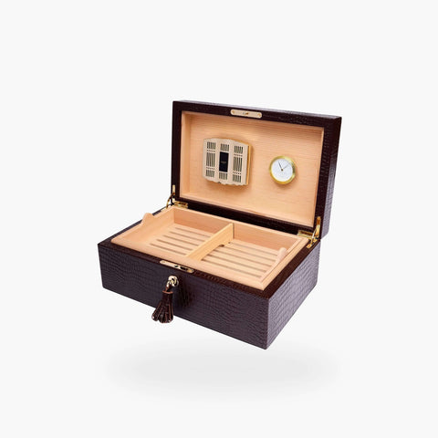 Rapport Large Humidor 100 Cigars in brown croc-embossed leather, open at an angle showing the lid and interior detail - Toro Puro