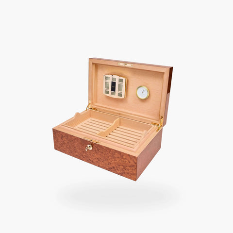 Rapport Large Humidor 100 Cigars in Burr Walnut finish, open at an angle showing the lid and interior detail - Toro Puro