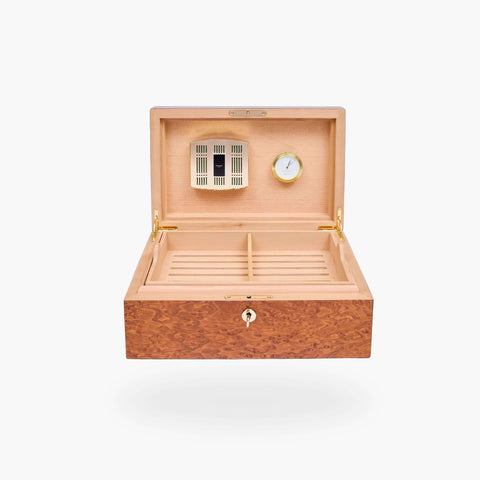 Rapport Large Humidor 100 Cigars in Burr Walnut finish, open and shown front-on with cream interior and gold hardware - Toro Puro