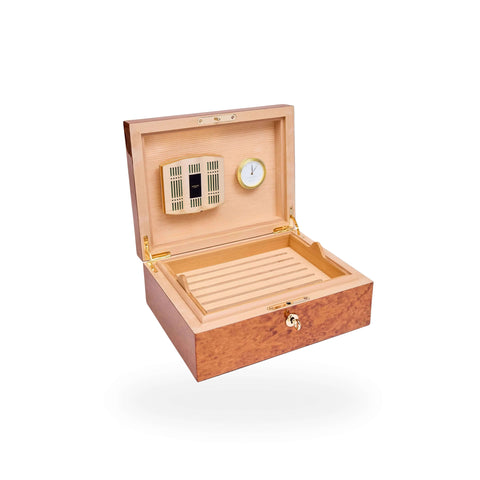 Rapport Medium Humidor 50 Cigars in Burr Walnut finish, open at an angle showing the lid and interior detail - Toro Puro