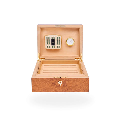 Rapport Medium Humidor 50 Cigars in Burr Walnut finish, open and shown front-on with cream interior and gold hardware - Toro Puro