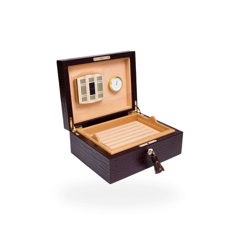 Rapport Medium Humidor 50 Cigars in brown croc-embossed leather, open at an angle showing the lid and interior detail - Toro Puro