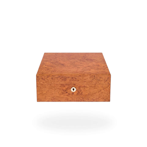 Rapport Medium Humidor 50 Cigars in Burr Walnut finish, shown closed - Toro Puro