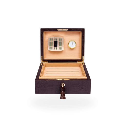 Rapport Medium Humidor 50 Cigars in brown croc-embossed leather, open and shown front-on with cream interior and gold hardware - Toro Puro