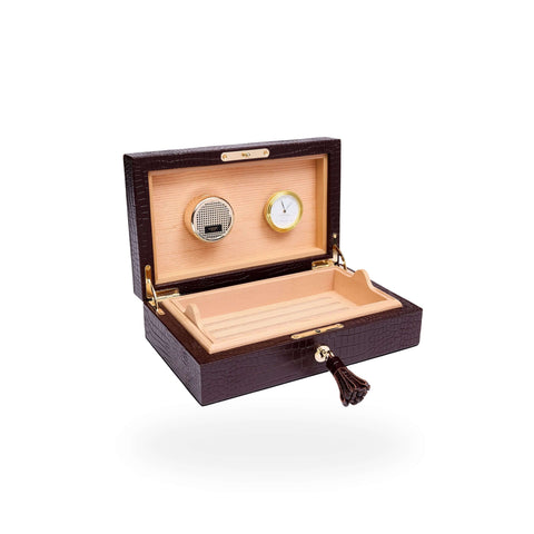 Rapport Small Humidor 25 Cigars in brown croc-embossed leather, open at an angle showing the lid and interior detail - Toro Puro