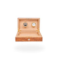 Rapport Small Humidor 25 Cigars in Burr Walnut finish, open and shown front-on with cream interior and gold hardware - Toro Puro