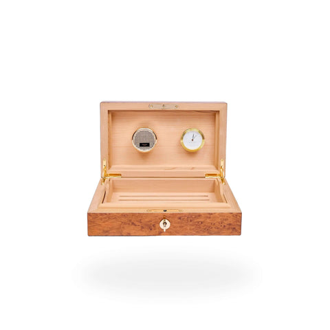 Rapport Small Humidor 25 Cigars in Burr Walnut finish, open and shown front-on with cream interior and gold hardware - Toro Puro