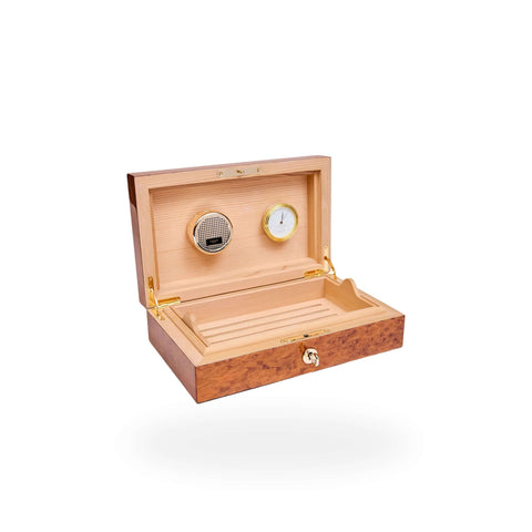 Rapport Small Humidor 25 Cigars in Burr Walnut finish, open at an angle showing the lid and interior detail - Toro Puro