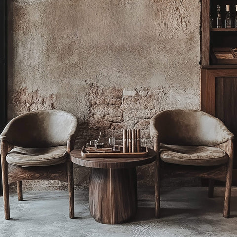Two wooden chairs with a small round table against a textured wall.